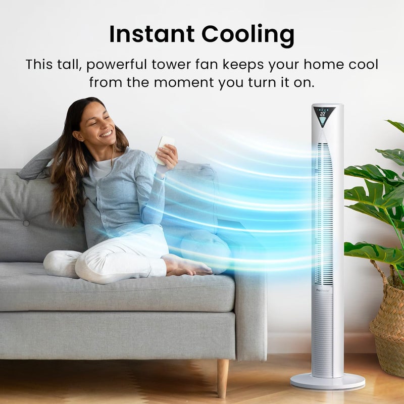Pro Breeze 46" Oscillating Tower Fan with Remote, Floor Standing Fan Oscillating 70° - Powerful Quiet 45W Portable Fan for Bedroom, 3 Speed, 4 Modes, 12hr Timer - Bladeless Tower Fans for Room (White) - Image 2
