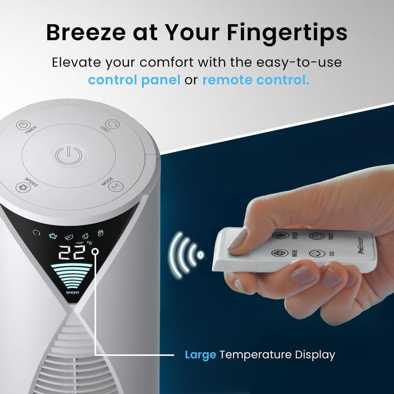 Pro Breeze 46" Oscillating Tower Fan with Remote, Floor Standing Fan Oscillating 70° - Powerful Quiet 45W Portable Fan for Bedroom, 3 Speed, 4 Modes, 12hr Timer - Bladeless Tower Fans for Room (White) - Image 5