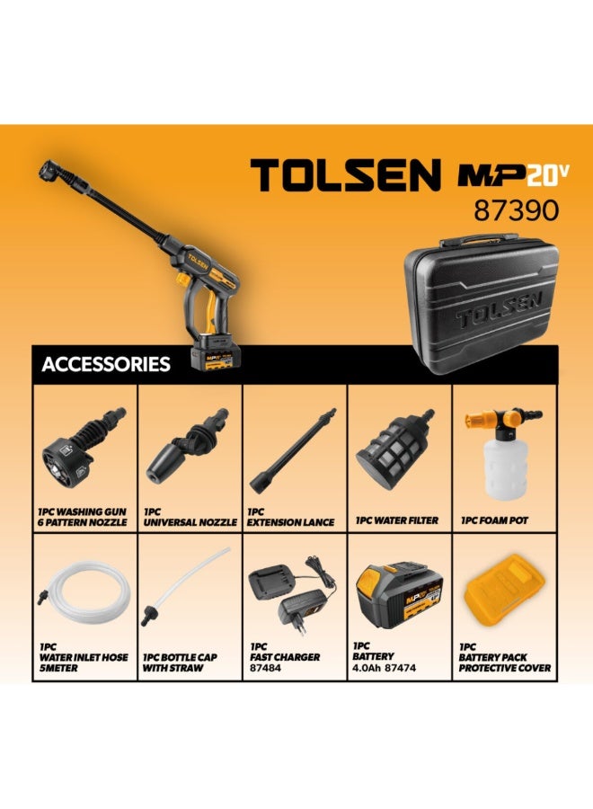 Tolsen 87390 20V Cordless High Pressure Washer Kit – 24 Bar Portable Pressure Cleaner with 4.0Ah Battery & Fast Charger - Image 4