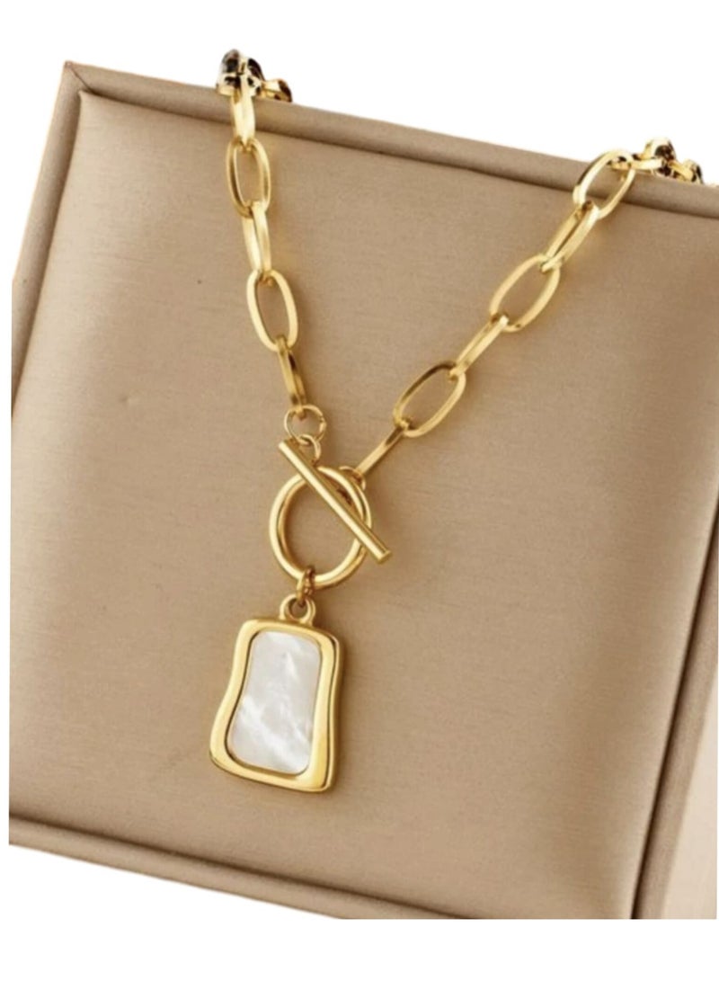 YUCCA 1pc Gold Tone Antique White Beads Stainless Steel Chain Necklace for Women, Short Length Sweater Chain All Match Gorgeous Style - Image 1