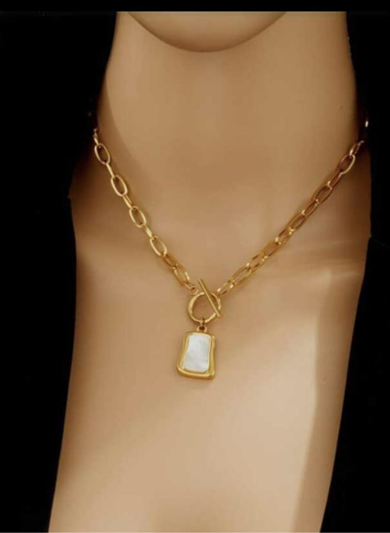 YUCCA 1pc Gold Tone Antique White Beads Stainless Steel Chain Necklace for Women, Short Length Sweater Chain All Match Gorgeous Style - Image 2