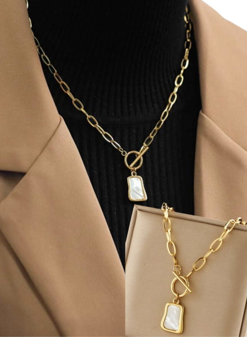 YUCCA 1pc Gold Tone Antique White Beads Stainless Steel Chain Necklace for Women, Short Length Sweater Chain All Match Gorgeous Style - Image 3