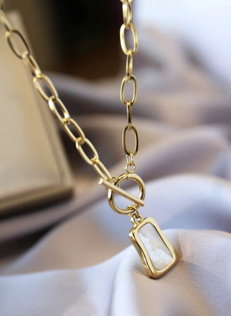 YUCCA 1pc Gold Tone Antique White Beads Stainless Steel Chain Necklace for Women, Short Length Sweater Chain All Match Gorgeous Style - Image 4