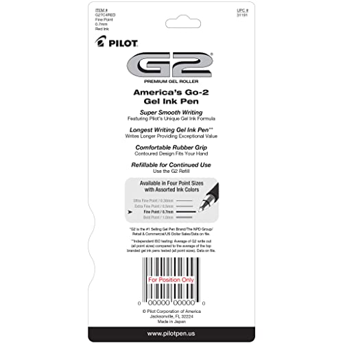 Pilot G2 Premium Gel Roller Pens, Fine Point 0.7 mm, Red Pens, Pack of 4 - Ideal for School, Journaling & Office Writing - Image 2