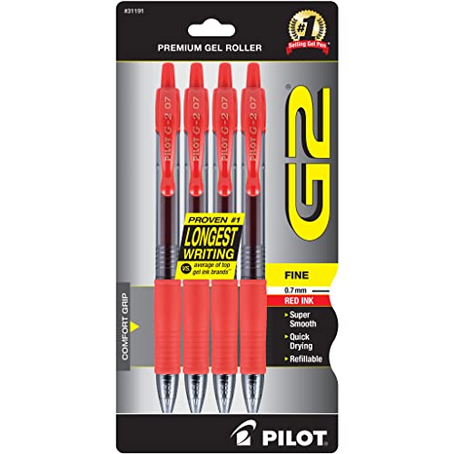 Pilot G2 Premium Gel Roller Pens, Fine Point 0.7 mm, Red Pens, Pack of 4 - Ideal for School, Journaling & Office Writing - Image 1
