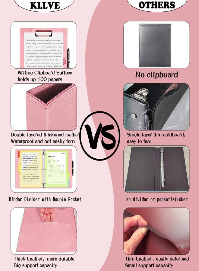 KLLVE 3 Ring Binder 1 Inch, Leather Binders with Clipboards, KLLVE Three Ring Binder with 10 Pocket Divider(Pink, Letter Size) - Image 4