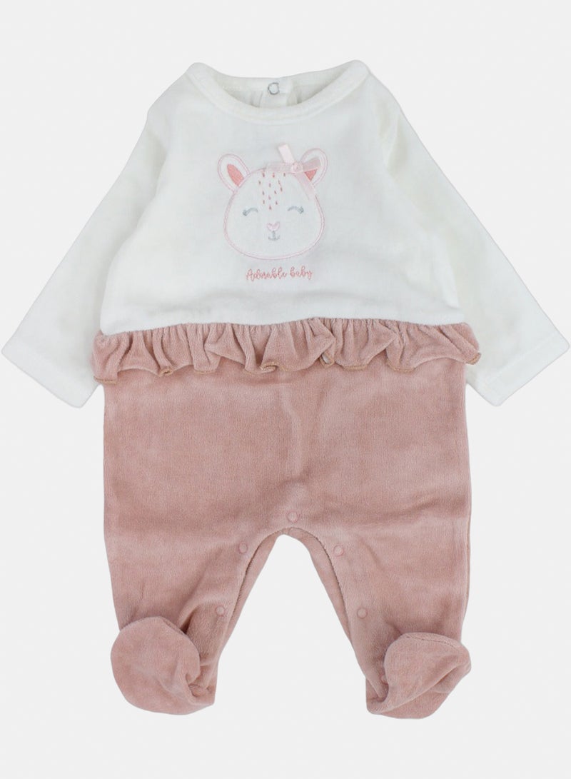 Baby Girls Velvet Footie – Off-White & Dusty Pink with Bunny Embroidery