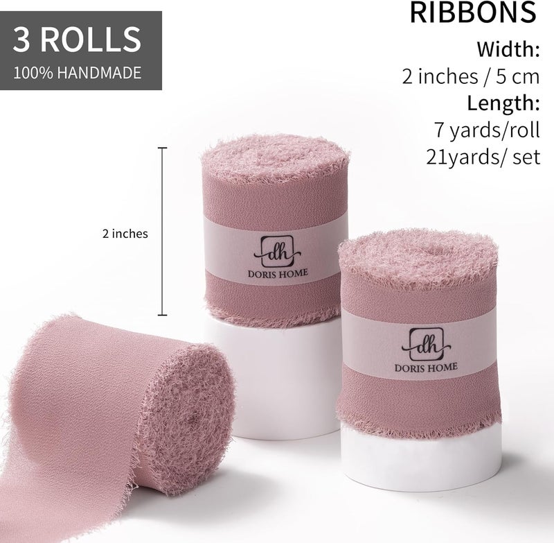Doris Home Mauve Chiffon Ribbon for Flower Bouquet, 2" x21Yd Fabric Ribbon for Gift Wrapping, Handmade Frayed Ribbon for Wedding/Christmas Decorations - Image 3