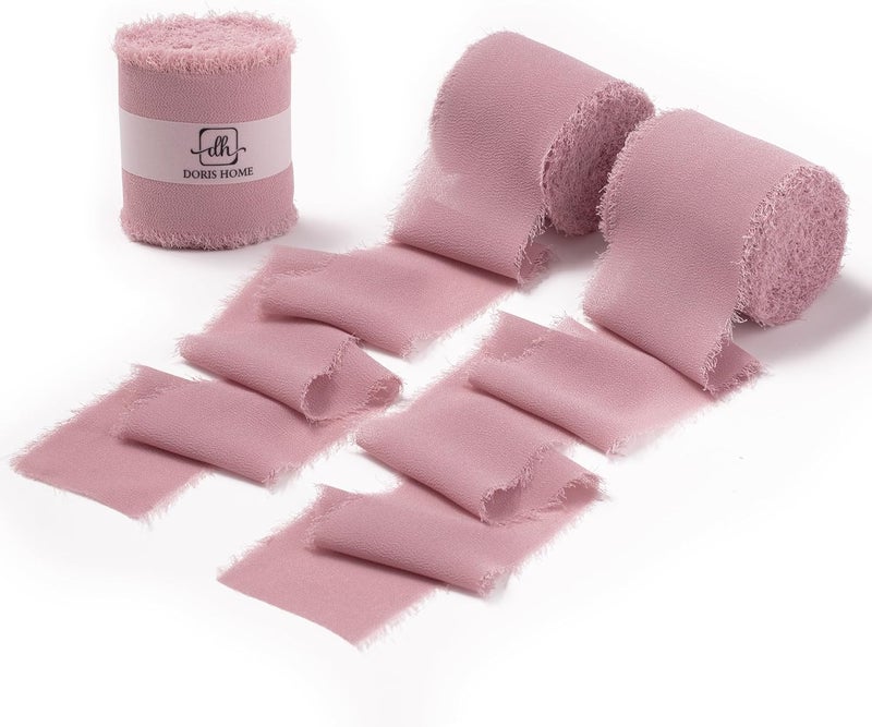 Doris Home Mauve Chiffon Ribbon for Flower Bouquet, 2" x21Yd Fabric Ribbon for Gift Wrapping, Handmade Frayed Ribbon for Wedding/Christmas Decorations - Image 1