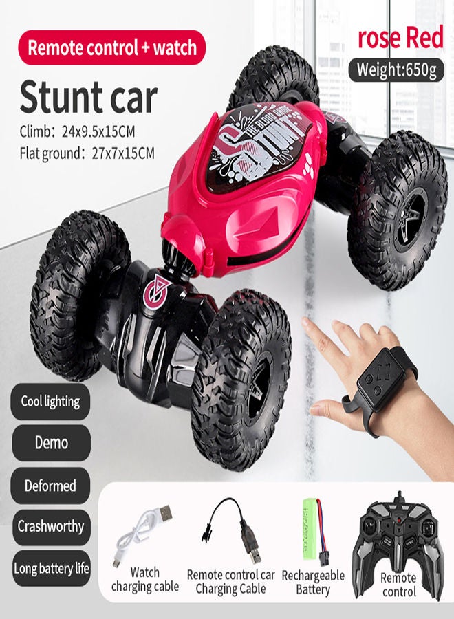 AROAQ Rose Red Remote Control Stunt Car 4WD Stunt Gesture Induction Twisting Off Road Deformed Vehicle Cool Light Music Drift Traverse Remote Control and Watch Dancing Side Driving Toy  - Image 1