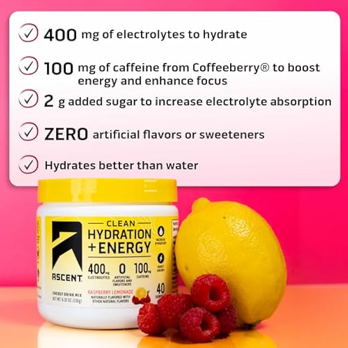 Ascent مسحوق أسنت لتنظيف الترطيب + الطاقة - 100 ملغ كافيين، 400 ملغ إلكتروليتات، بدون مكونات صناعية، ليمون توت العليق 40 حصة - Image 2