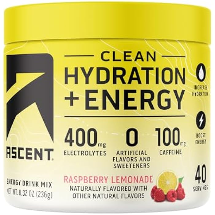Ascent مسحوق أسنت لتنظيف الترطيب + الطاقة - 100 ملغ كافيين، 400 ملغ إلكتروليتات، بدون مكونات صناعية، ليمون توت العليق 40 حصة - Image 1