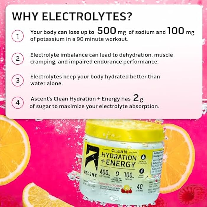 Ascent مسحوق أسنت لتنظيف الترطيب + الطاقة - 100 ملغ كافيين، 400 ملغ إلكتروليتات، بدون مكونات صناعية، ليمون توت العليق 40 حصة - Image 5