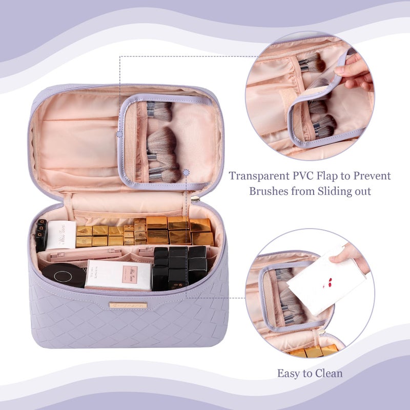 Dajasan Makeup Bag, Travel Cosmetic Bag for Girls Women, Large Capacity Makeup Organizer Case, Travel Toiletry Bag, PU Leather Waterproof 11.81 x 6.7 x 7.09 Inch (Purple) - Image 5