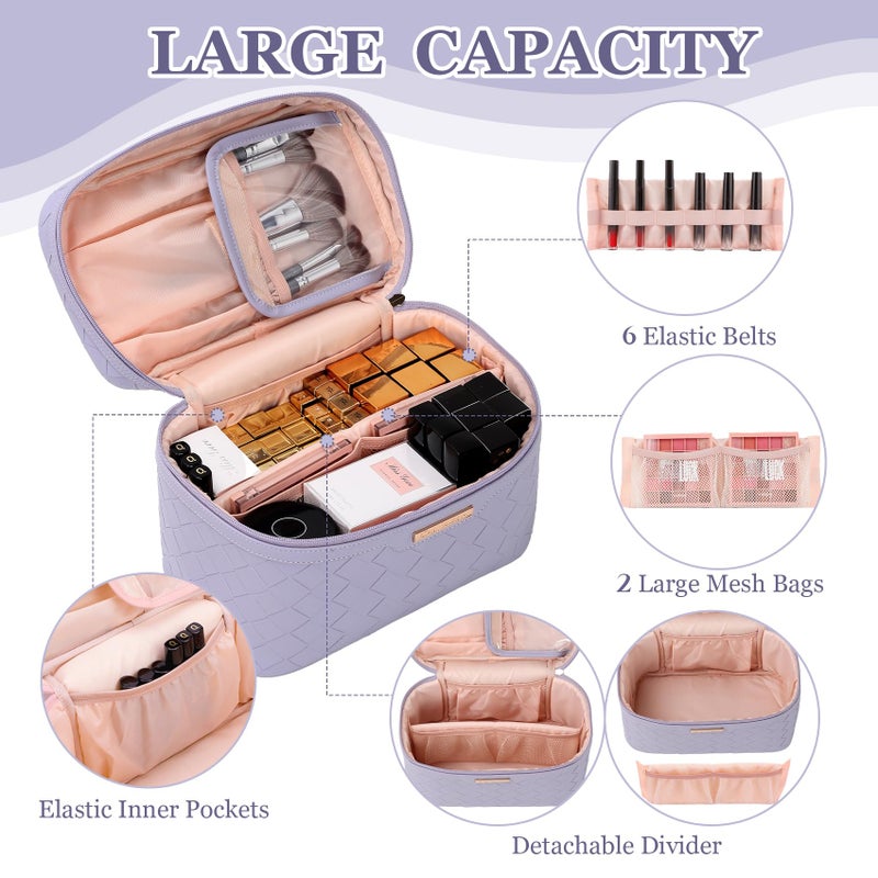 Dajasan Makeup Bag, Travel Cosmetic Bag for Girls Women, Large Capacity Makeup Organizer Case, Travel Toiletry Bag, PU Leather Waterproof 11.81 x 6.7 x 7.09 Inch (Purple) - Image 4