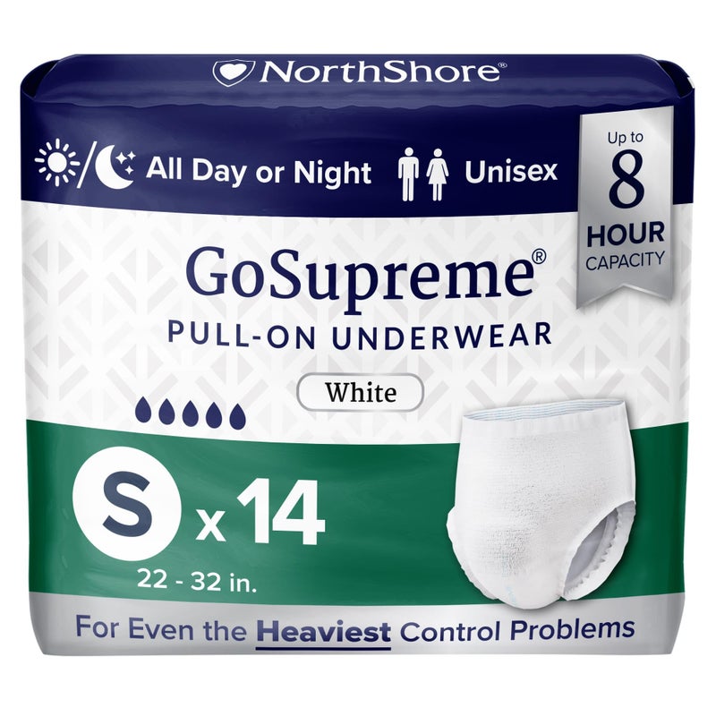 NorthShore GoSupreme Overnight Incontinence Underwear 8Hour Pullup Style Small 14 Count Bag White 2232 inches Unisex Adult Diapers