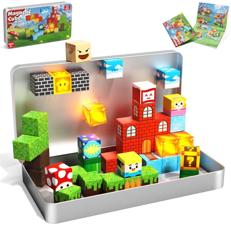 Goody King 45pcs Travel Toys Magnetic Blocks with Metal Box Light up Magnetic Blocks Educational STEM Toys for Kids 3 4 5 6 7 8 9 10 Travel Construction Play Set Christmas Birthday Gifts - Image 3