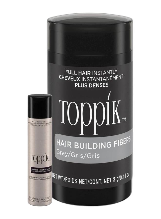 Toppik Colored Hair Thickener Instant Hair Spray for Thinning Hair, Hair Color Concealer for Fuller Looking Hair, Natural Color Match - Dark Brown 144grams & Hair Building Fibers Instant Hair Concealer for Thinning Hair, Hair Fiber for Men & Women, Texture Powder with Natural Keratin, Long-Lasting Hair Color Gray - 3g Bundle - Image 1