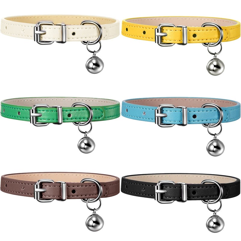 Weewooday 6 Pieces Leather Cat Collar with Bell Cute Pet Leather Kitten Collar for Boy Girl Cats with Safety Elastic Strap for Small Kitten Puppy(Fresh Color) - Image 1
