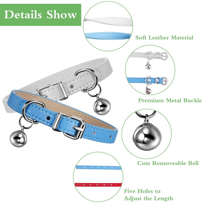 Weewooday 6 Pieces Leather Cat Collar with Bell Cute Pet Leather Kitten Collar for Boy Girl Cats with Safety Elastic Strap for Small Kitten Puppy(Fresh Color) - Image 3