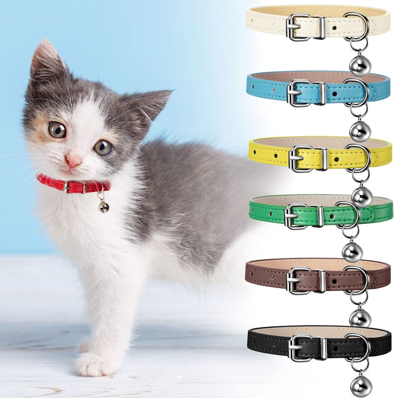 Weewooday 6 Pieces Leather Cat Collar with Bell Cute Pet Leather Kitten Collar for Boy Girl Cats with Safety Elastic Strap for Small Kitten Puppy(Fresh Color) - Image 5
