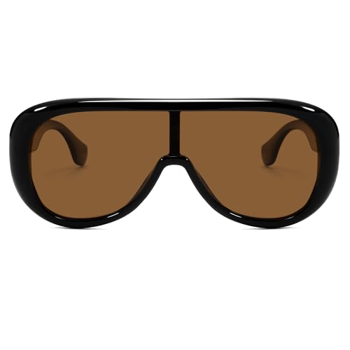 VANLINKER Oversized Aviator Square Sunglasses Womens Men Trendy One-Piece Polarized Lens Retro Futuristic Mask Shades VL9888, Black Frame Brown Lens - Image 1