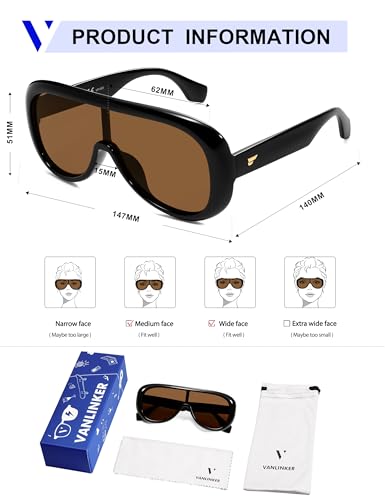 VANLINKER Oversized Aviator Square Sunglasses Womens Men Trendy One-Piece Polarized Lens Retro Futuristic Mask Shades VL9888, Black Frame Brown Lens - Image 5