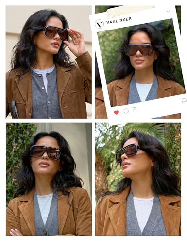 VANLINKER Oversized Aviator Square Sunglasses Womens Men Trendy One-Piece Polarized Lens Retro Futuristic Mask Shades VL9888, Black Frame Brown Lens - Image 2