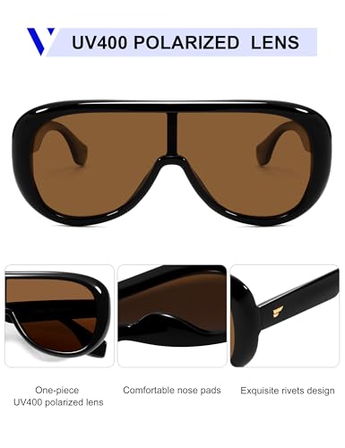 VANLINKER Oversized Aviator Square Sunglasses Womens Men Trendy One-Piece Polarized Lens Retro Futuristic Mask Shades VL9888, Black Frame Brown Lens - Image 4