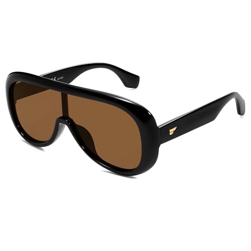 VANLINKER Oversized Aviator Square Sunglasses Womens Men Trendy One-Piece Polarized Lens Retro Futuristic Mask Shades VL9888, Black Frame Brown Lens - Image 3