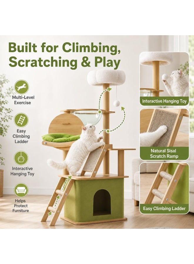 Al LIFE Multi-Level Cat Tree for Large Indoor Cats, 140cm Cat Tower Condo with Clear Bubble Perch, Rotating Cradle Hammock, Hidden Cat House, Sisal Scratching Ramp, Plush Top Bed, Ladder & Toy - Image 5