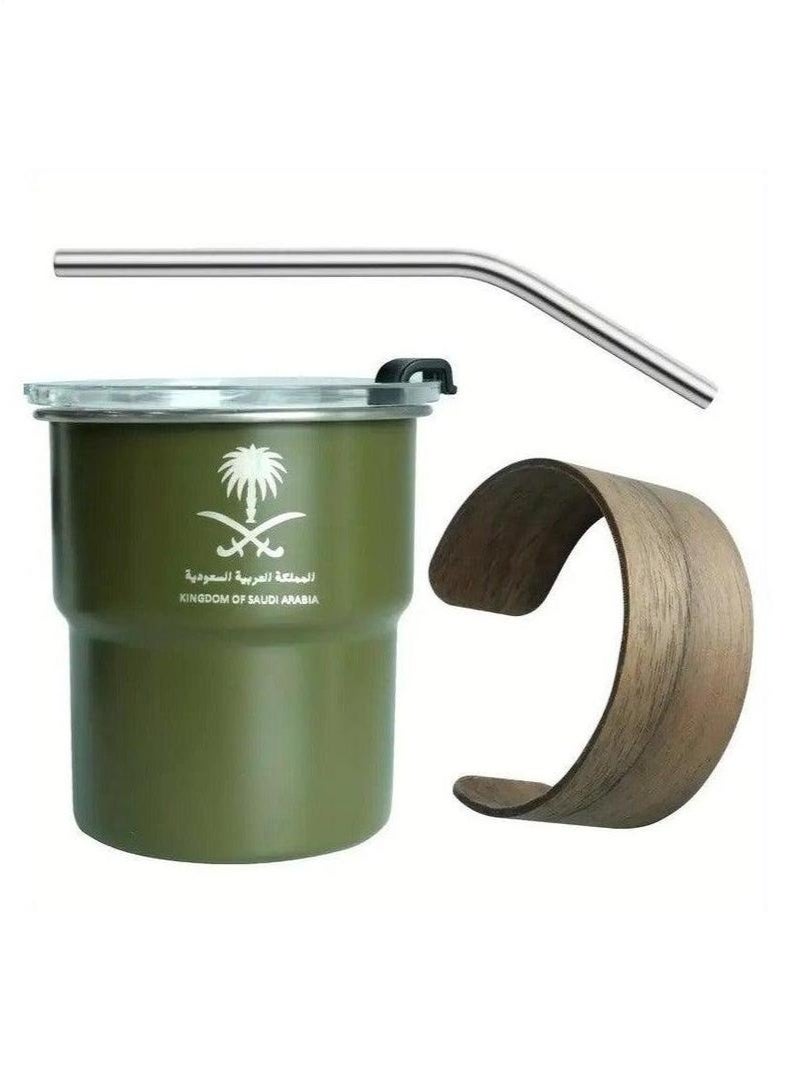 ELLEGLAM 304 Stainless Steel Cold Drink Mug - Saudi Logo Design, Portable Coffee Mug for Hot and Cold Drinks, Includes Straw and Heat Resistant Lid for Home and Outdoor Camping (Army Green, 300ml) - Image 1