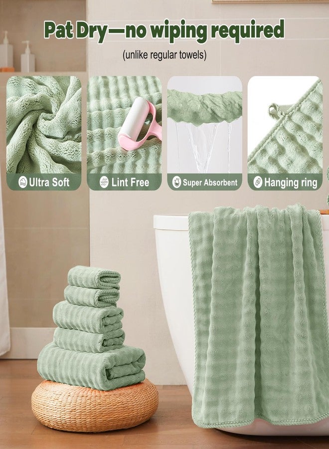 COZYART طقم مناشف كوزي آرت الخالية من الوبر، 8 قطع، لون أخضر فاتح، سميكة، فائقة النعومة، ماصة وسريعة الجفاف، مصنوعة من ألياف دقيقة ثلاثية الأبعاد بنمط فقاعات، طقم للاستخدام اليومي في الحمام، يتضمن منشفتين للاستحمام، ومنشفتين للشعر، ومنشفتين لليدين، ومنشفتين للوجه. - Image 4