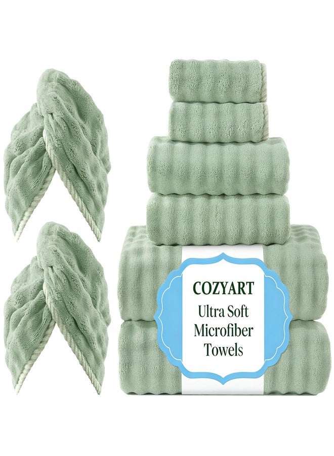 COZYART طقم مناشف كوزي آرت الخالية من الوبر، 8 قطع، لون أخضر فاتح، سميكة، فائقة النعومة، ماصة وسريعة الجفاف، مصنوعة من ألياف دقيقة ثلاثية الأبعاد بنمط فقاعات، طقم للاستخدام اليومي في الحمام، يتضمن منشفتين للاستحمام، ومنشفتين للشعر، ومنشفتين لليدين، ومنشفتين للوجه. - Image 1