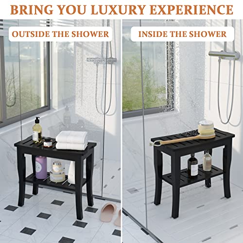 Domax Bamboo Shower Benches for Inside Shower - Bathroom Bench Seat Waterproof Wooden Shower Stool with Storage Shelf for Adults Elderly Seniors Wood Shower Chair for Bathtub or Small Spaces, Black - Image 3