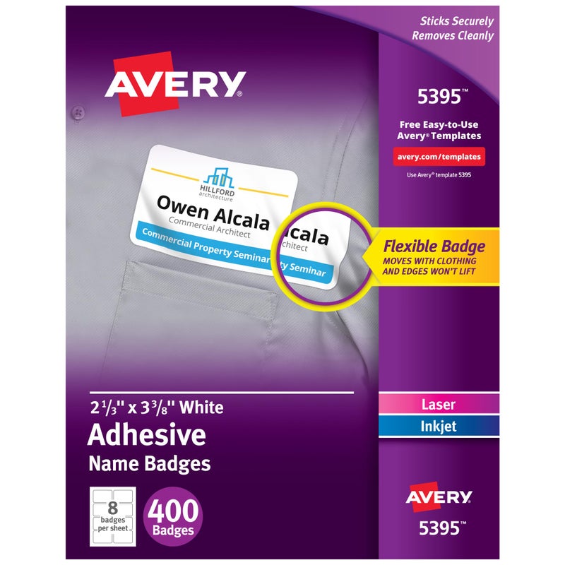 Avery Flexible Printable Name Tags, 2-1/3" x 3-3/8", Matte White, 400 Removable Name Badges for Laser and Inkjet Printers (5395) - Image 1