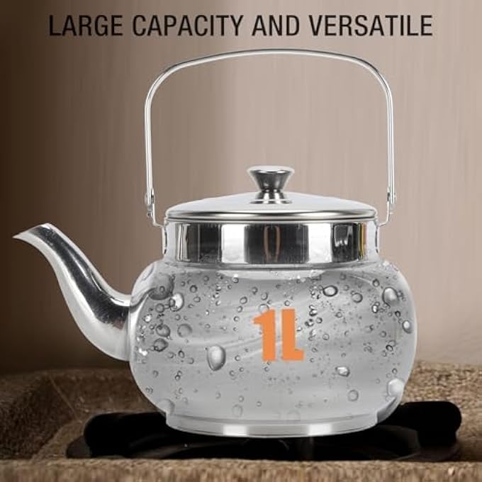 فديت إبريق شاي من الفولاذ المقاوم للصدأ مع فلتر قابل للإزالة، غلاية شاي معدنية لموقد الطهي، سعة كبيرة، وعاء قهوة سهل الاستخدام للمنزل والفندق والمطعم وحفلات الزفاف بسعة 1 لتر - Image 3