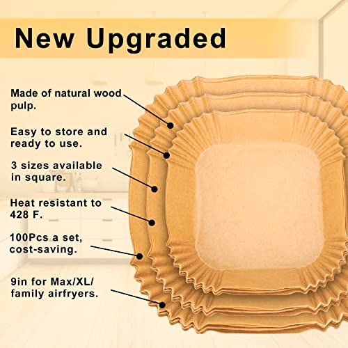 ctizne Disposable Air Fryer Paper Liners: 100Pcs 9 In Large Square Non Stick Parchment, Air Fryer Basket Liner for 8Qt - 12Qt Airfryer - Image 2