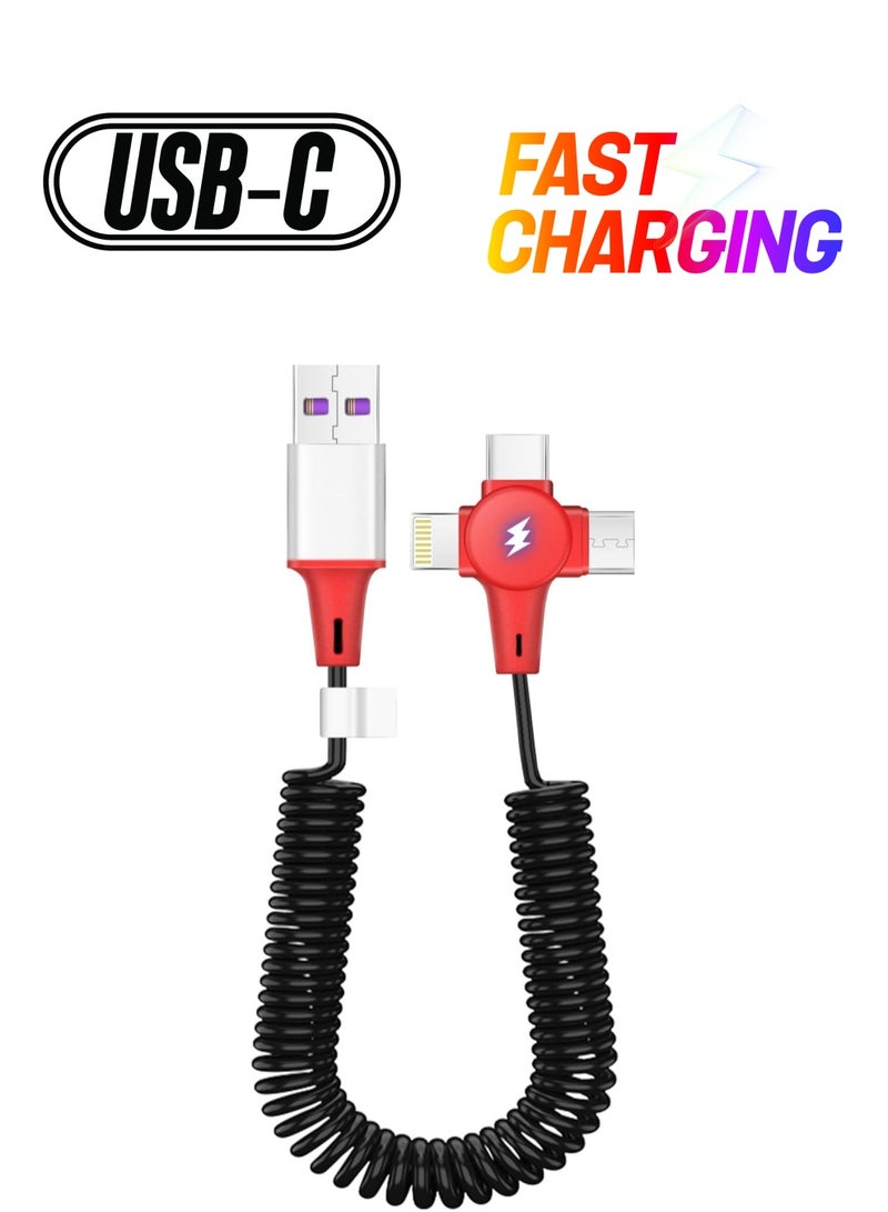 SYOSI Multi Charging Cable for Apple CarPlay Expansion Spring Coiled Cable Three in One Multi Retractable Cable with Micro USB IP Type C Connectors for Android A-pple Samsung - Image 1