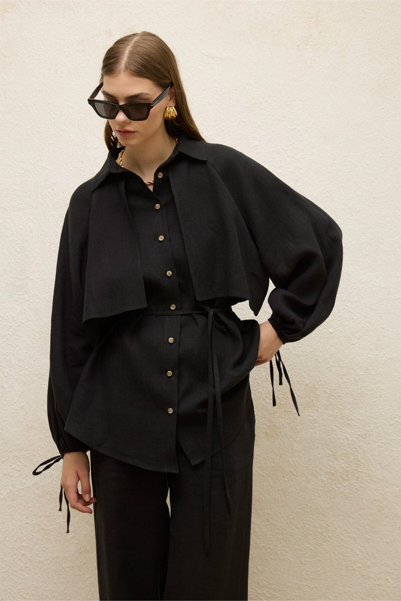 Manuka Linen Trench Coat Shirt Black  - Image 3