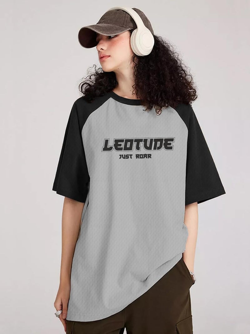 LEOTUDE Womens Half Sleeve Oversized Round Neck Cottonblend Printed Multicolour T-Shirts for Woman (GRL_FS33_Gray_Raglan_P_Gray_2XL) - Image 3