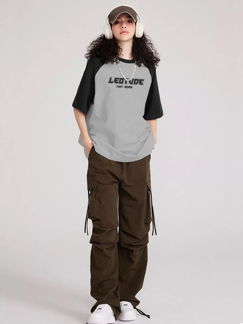 LEOTUDE Womens Half Sleeve Oversized Round Neck Cottonblend Printed Multicolour T-Shirts for Woman (GRL_FS33_Gray_Raglan_P_Gray_2XL) - Image 5