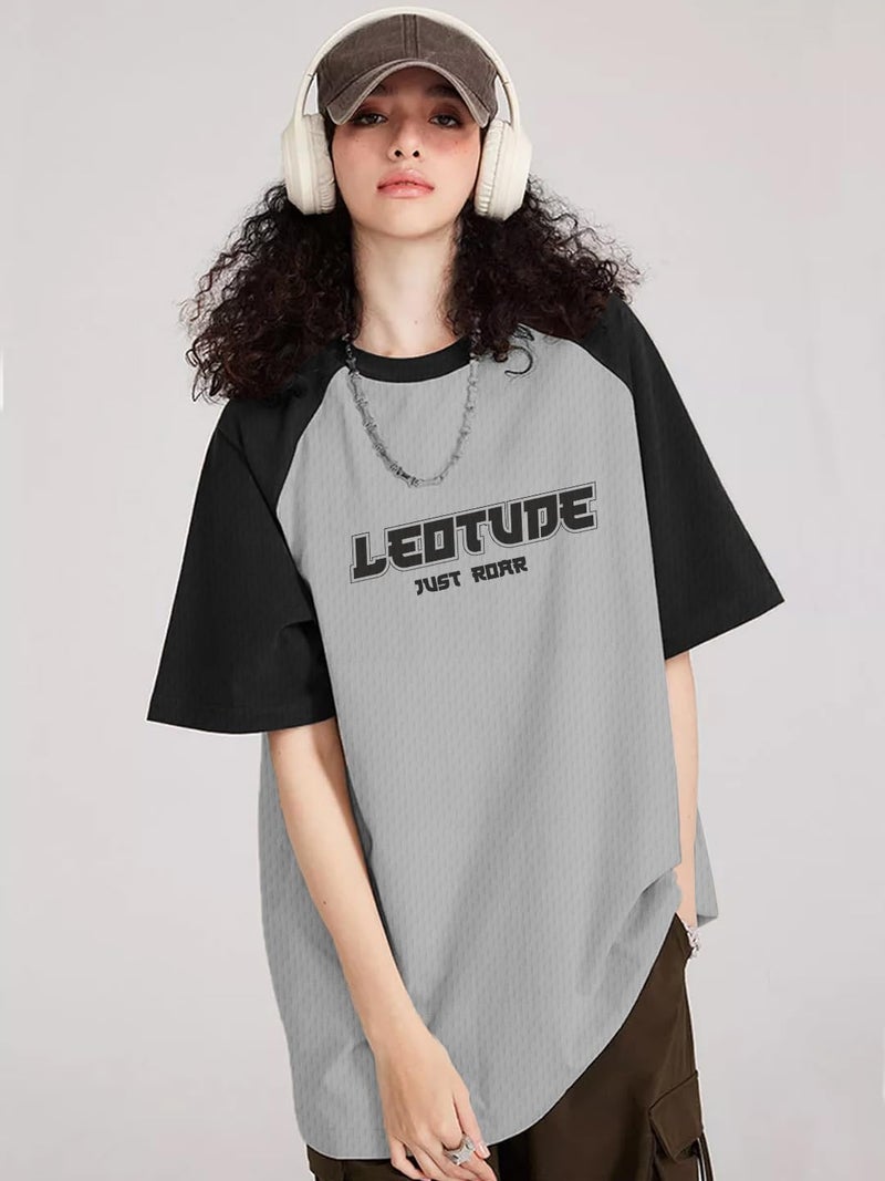 LEOTUDE Womens Half Sleeve Oversized Round Neck Cottonblend Printed Multicolour T-Shirts for Woman (GRL_FS33_Gray_Raglan_P_Gray_2XL) - Image 2