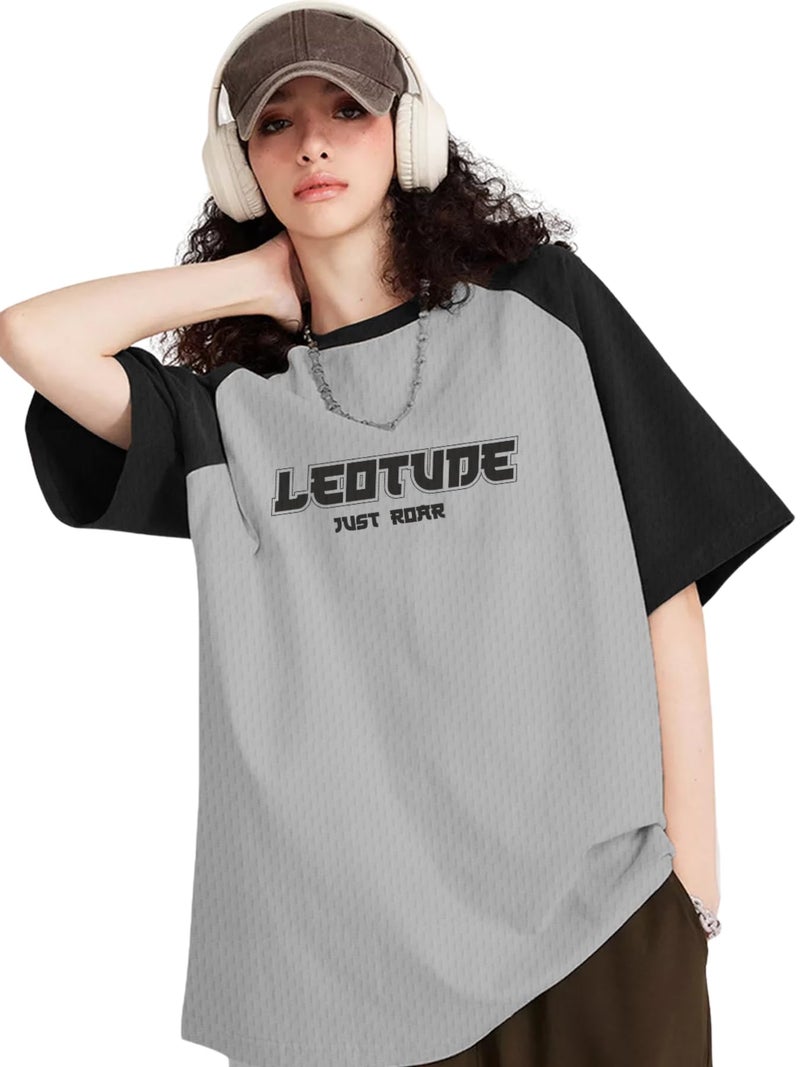 LEOTUDE Womens Half Sleeve Oversized Round Neck Cottonblend Printed Multicolour T-Shirts for Woman (GRL_FS33_Gray_Raglan_P_Gray_2XL) - Image 1