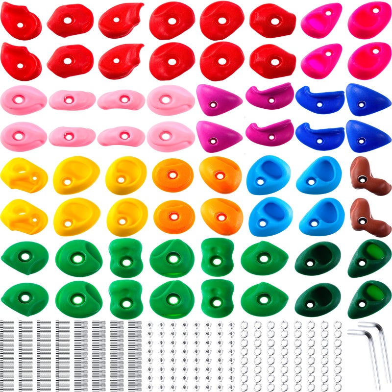 Liliful 64 Pcs Rock Climbing Hold Set Kids Rock Wall Climbing Kit Adult Mix Colored Grip with Mounting Hardware Wrenches for Outdoor Indoor Playground Backyard Back to School Gift - Image 2