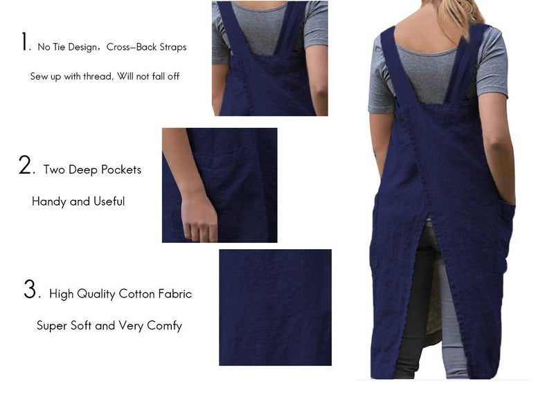 Larmliss Womens Pinafore Square Apron Baking Cooking Gardening Works Cross Back Cotton/Linen Blend Dress with 2 Pockets - Image 3
