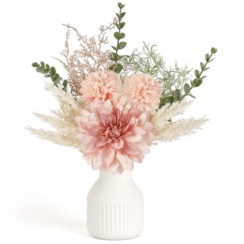 Mkono Small Artificial Flowers in Ceramic Vase 125 Centerpieces Coffee Table Decor Silk Flower Arrangements for Home Decor Indoor Fake Flower Bouquet for Bathroom Dining Room Kitchen Wedding Pink - Image 1