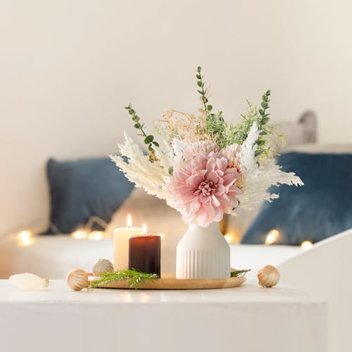 Mkono Small Artificial Flowers in Ceramic Vase 125 Centerpieces Coffee Table Decor Silk Flower Arrangements for Home Decor Indoor Fake Flower Bouquet for Bathroom Dining Room Kitchen Wedding Pink - Image 3