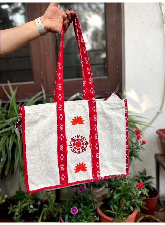 Nufab Handblocked Tote Bags For Women Girls Canvas Handbag Zipper Large Capacity Fashion Bag for College Office - Image 2