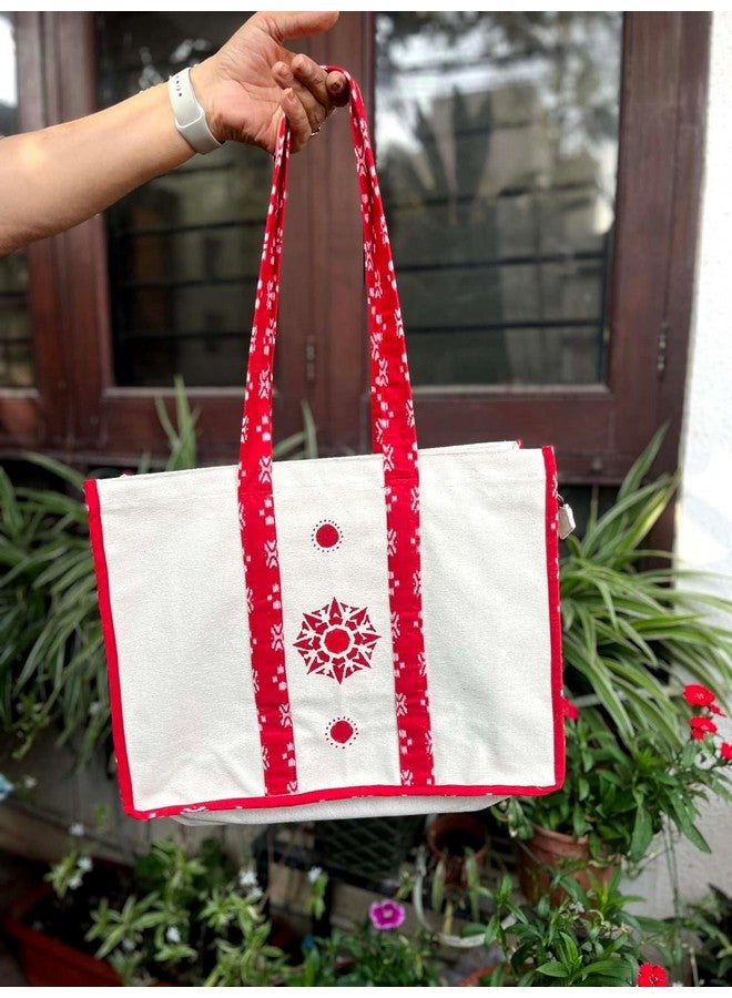 Nufab Handblocked Tote Bags For Women Girls Canvas Handbag Zipper Large Capacity Fashion Bag for College Office - Image 4